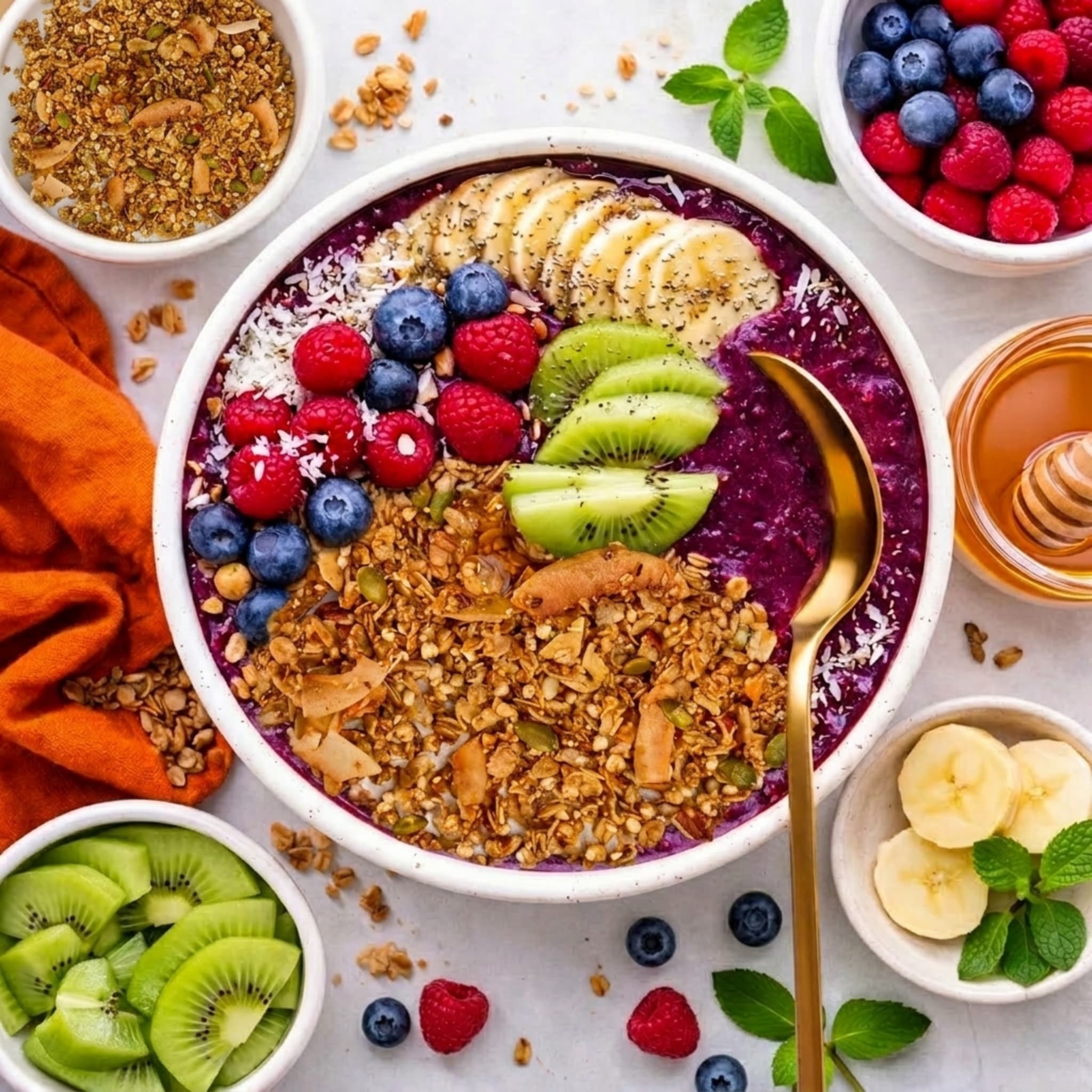 Top-down view of a purple acai smoothie bowl topped with sliced kiwi, bananas, blueberries, raspberries, and gutBFF Honey Glow granola, surrounded by small bowls of fresh fruit.