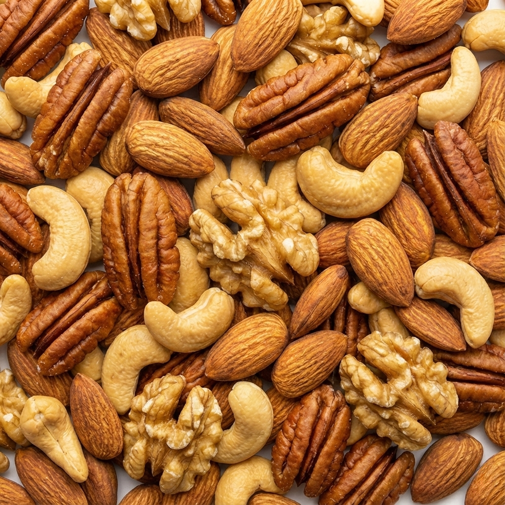 An overhead view of crunchy almonds, cashews, pecans, and walnuts, providing essential prebiotic fiber and antioxidants in gutBFF granola. 