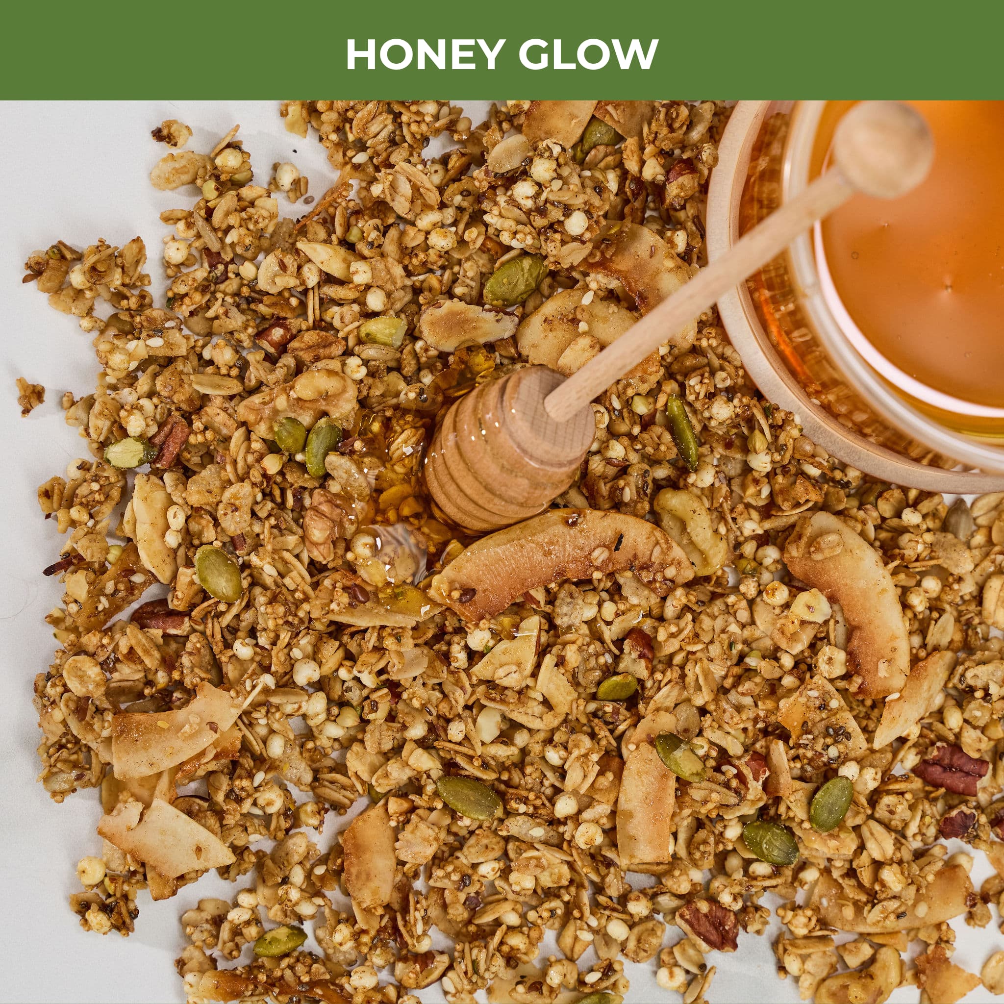 Close-up view of Honey Glow granola clusters showing ancient grains, seeds, nuts, and honey labeled 'Honey Glow'.