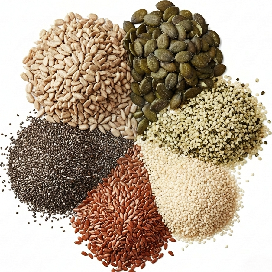 An overhead view of a blend of chia, flax, pumpkin, sunflower, and sesame seeds, providing a rich source of protein and prebiotic fiber in gutBFF superfood granola.