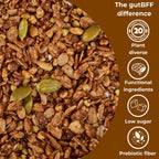 Chocolate and peanut butter granola pieces containing lion's mane extract showing the granola texture with icons for plant diverse, functional ingredients, low sugar, and prebiotic fiber under the words The gutBFF difference.