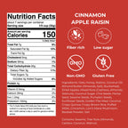 Nutrition facts label for gutBFF Cinnamon Apple Raisin granola with detailed calorie count and ingredient list and icons for fiber rich, low sugar, non-GMO, and gluten free