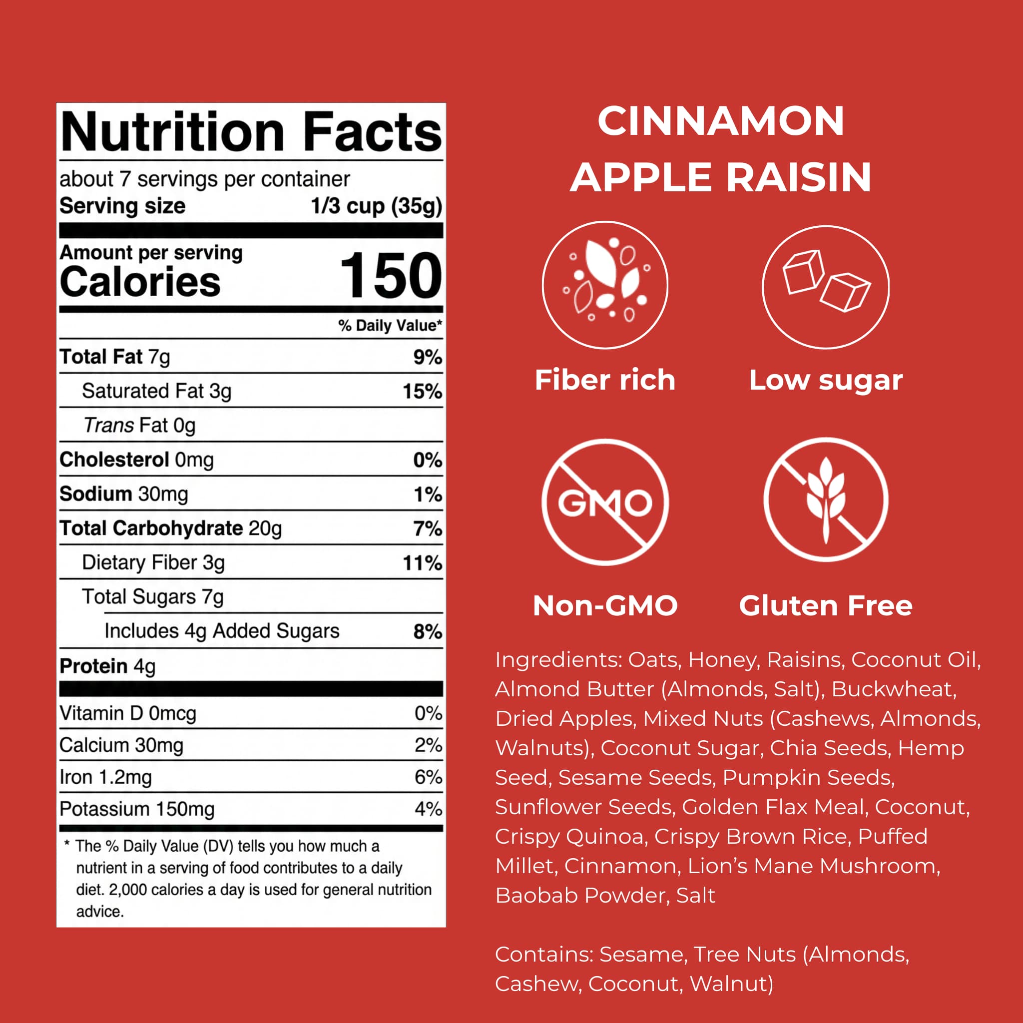 Nutrition facts label for gutBFF Cinnamon Apple Raisin granola with detailed calorie count and ingredient list and icons for fiber rich, low sugar, non-GMO, and gluten free