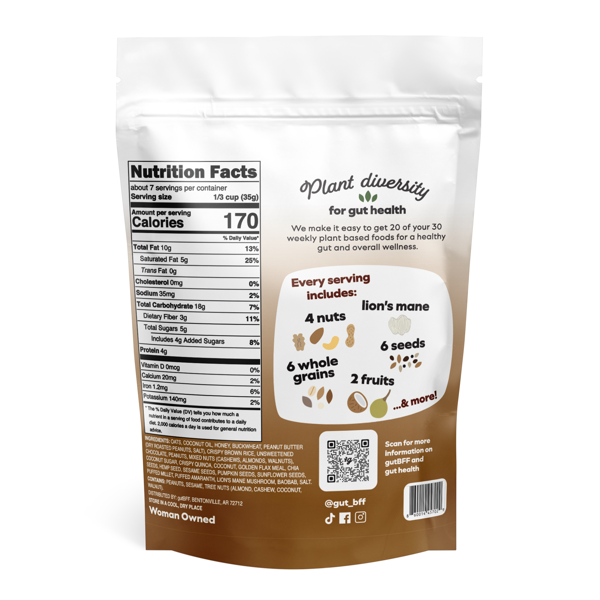 gutBFF Chocolate Peanut Butter superfood granola back of package
