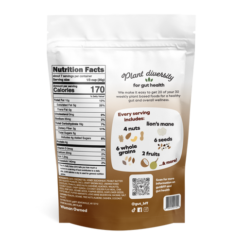 gutBFF Chocolate Peanut Butter superfood granola back of package