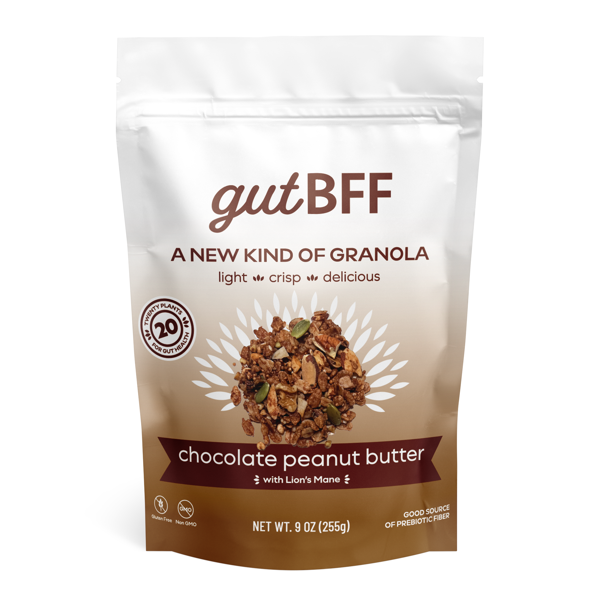 gutBFF Chocolate Peanut Butter prebiotic granola with functional mushrooms front of package.