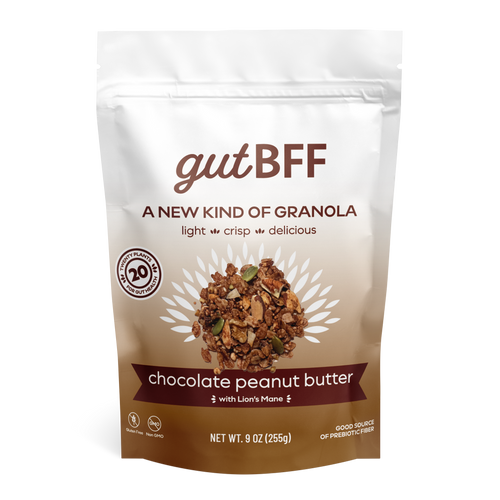 gutBFF Chocolate Peanut Butter prebiotic granola with functional mushrooms front of package.