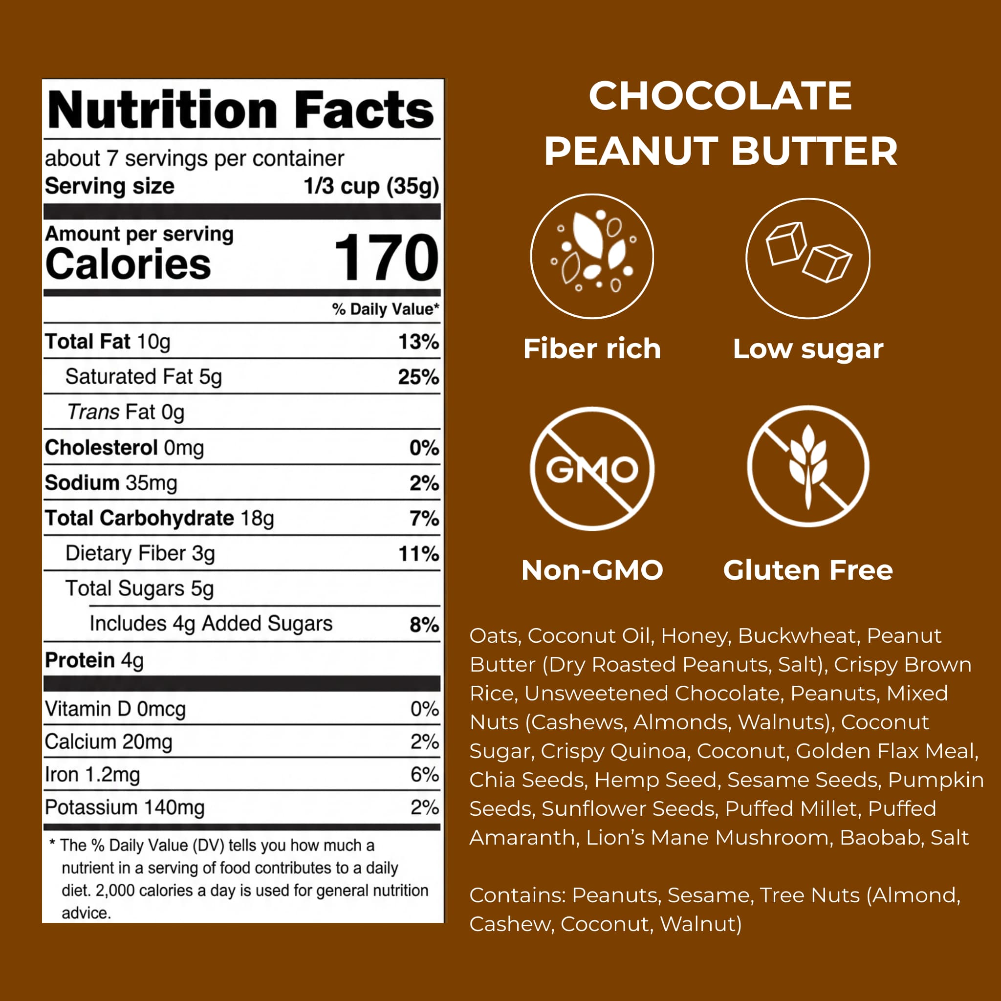 gutBFF Chocolate Peanut Butter granola nutrition label with detailed calories and ingredients and icons for fiber rich, low sugar, non-GMO, and gluten free.