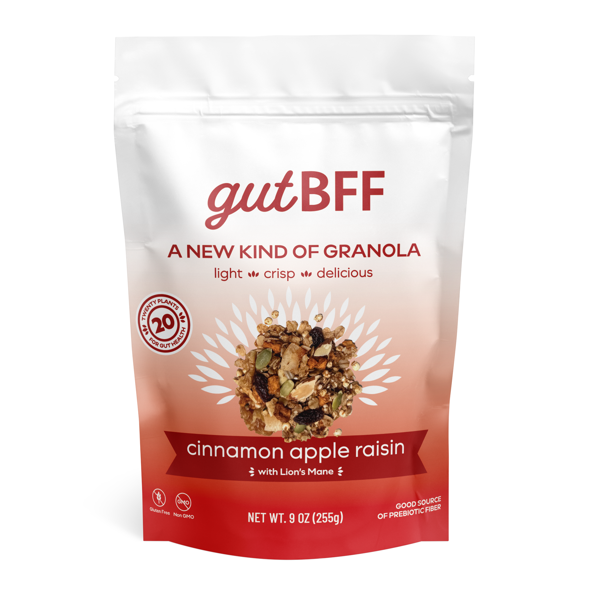 gutBFF prebiotic Cinnamon Apple Raisin granola with 20 plant-based ingredients front side package