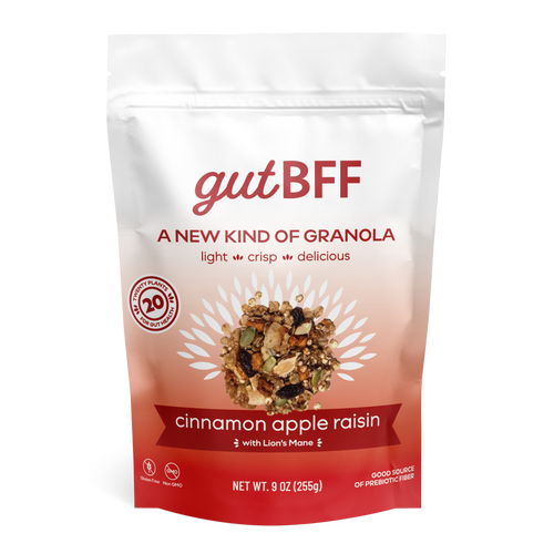 gutBFF prebiotic Cinnamon Apple Raisin granola with 20 plant-based ingredients front side package