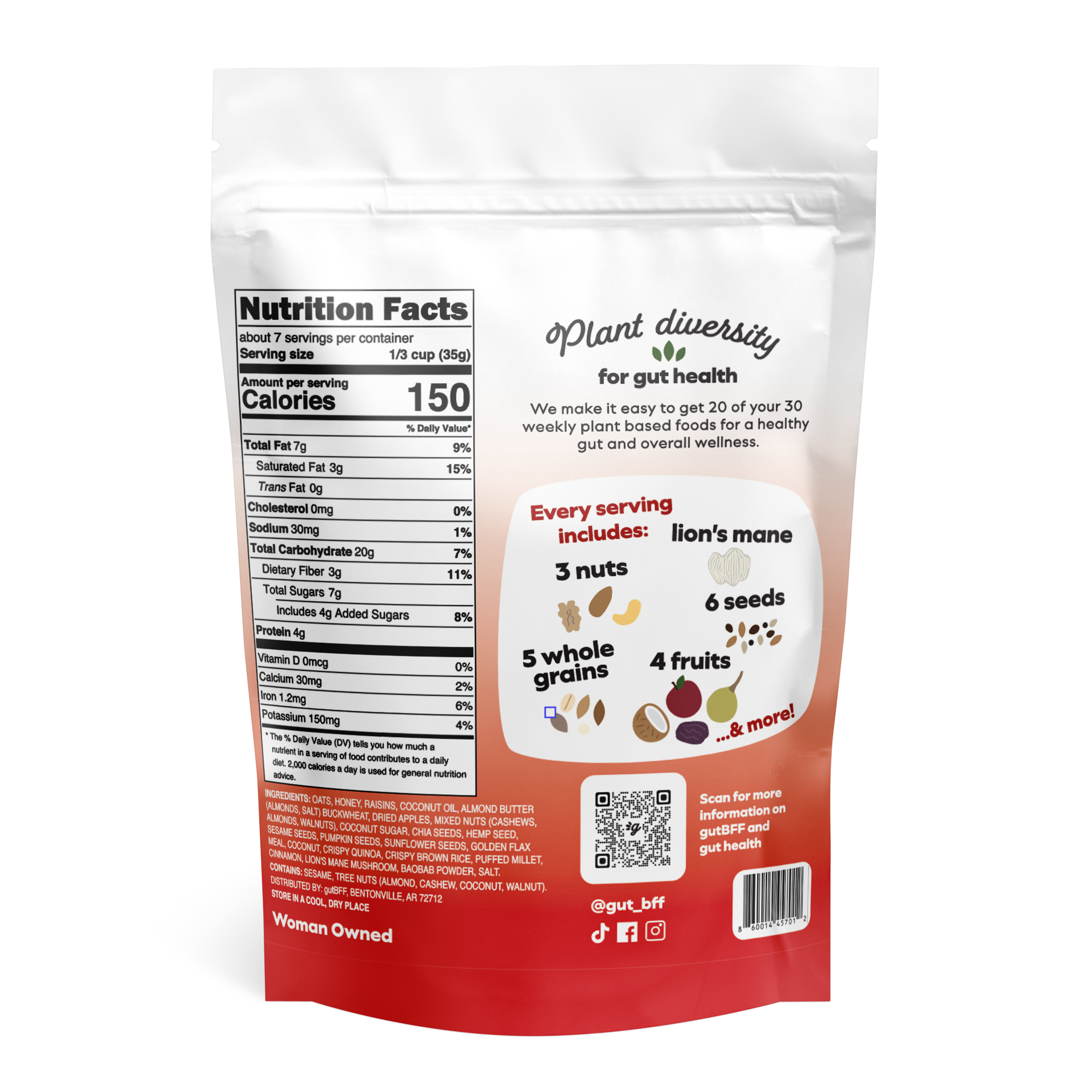 gutBFF Cinnamon Apple Raisin granola with 20 plant-based ingredients back of package