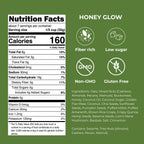 gutBFF prebiotic, superfood honey glow granola nutrition facts label with detailed information on calories, nutrients, and ingredients with icons for fiber rich, low sugar, non-GMO, and gluten free.