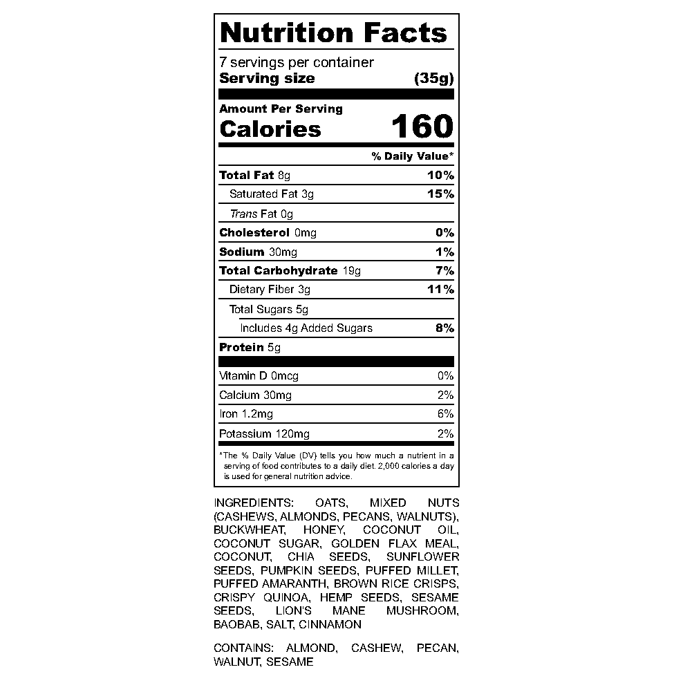 gutBFF prebiotic, superfood honey glow granola nutrition facts label with detailed information on calories, nutrients, and ingredients.