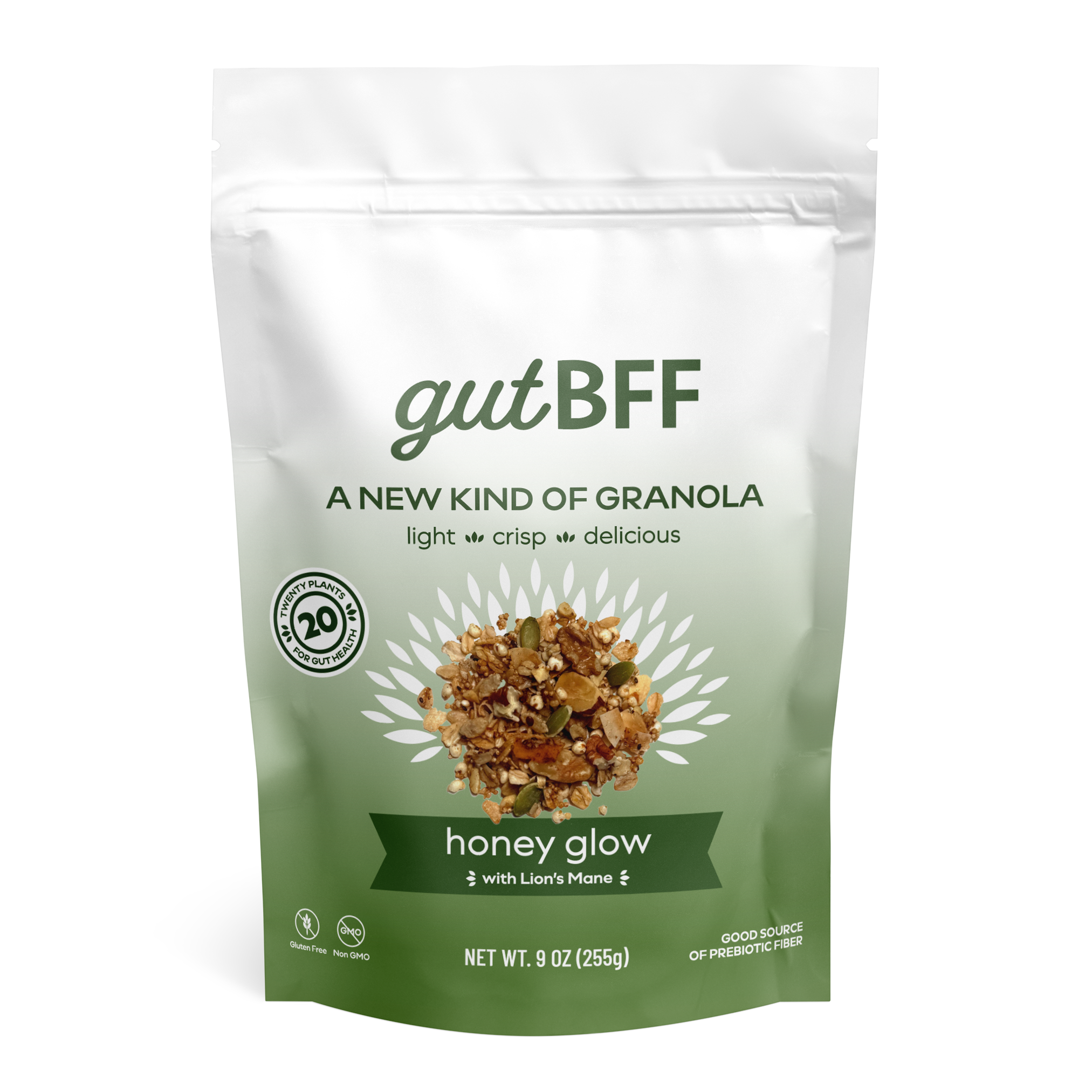 gutBFF prebiotic, superfood honey glow granola with lion's mane front side package