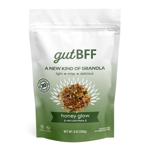 gutBFF prebiotic, superfood honey glow granola with lion's mane front side package