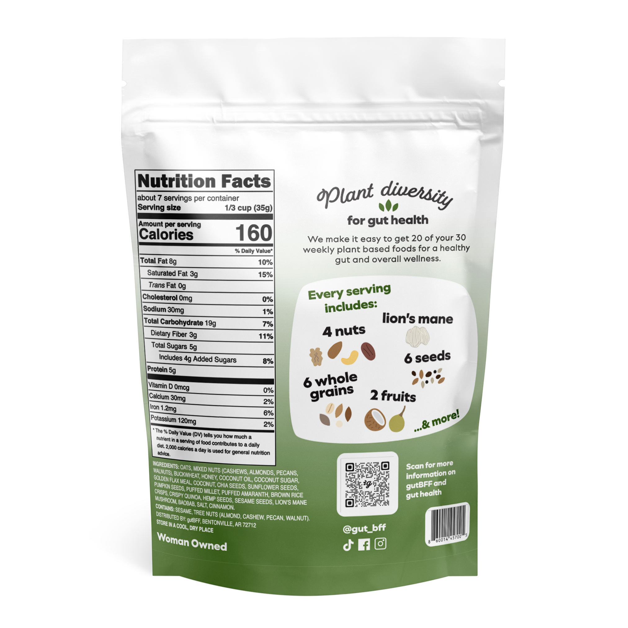gutBFF prebiotic superfood honey glow granola with lion's mane back side nutrition package