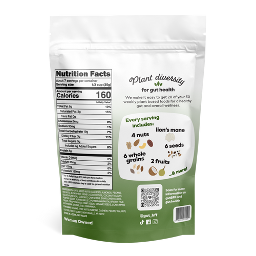 gutBFF prebiotic superfood honey glow granola with lion's mane back side nutrition package