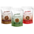 gutBFF prebiotic granola variety pack featuring Honey Glow, Cinnamon Apple Raisin, and Chocolate Peanut Butter flavors.