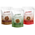 gutBFF prebiotic granola variety pack featuring Honey Glow, Cinnamon Apple Raisin, and Chocolate Peanut Butter flavors.