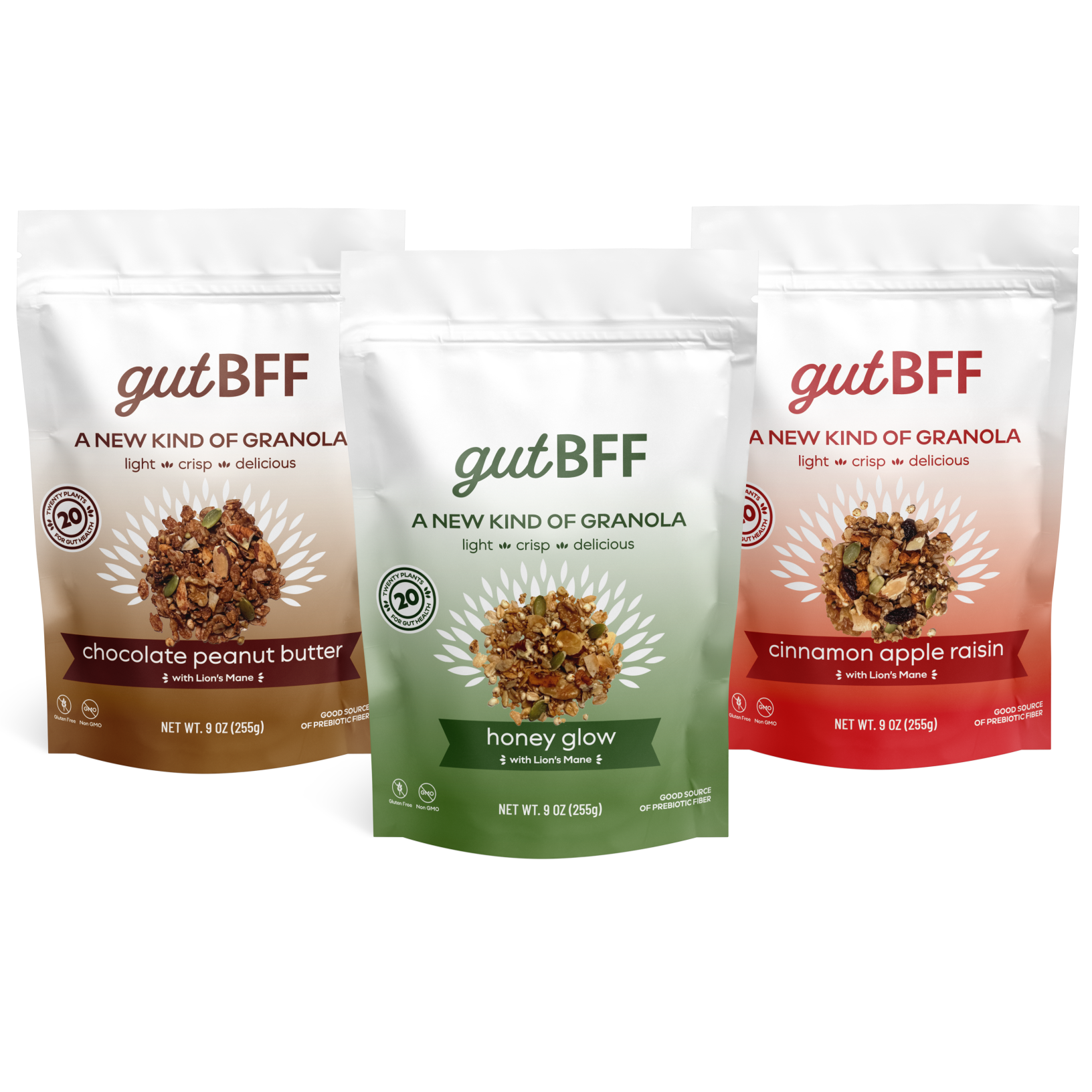 gutBFF prebiotic granola variety pack featuring Honey Glow, Cinnamon Apple Raisin, and Chocolate Peanut Butter flavors.