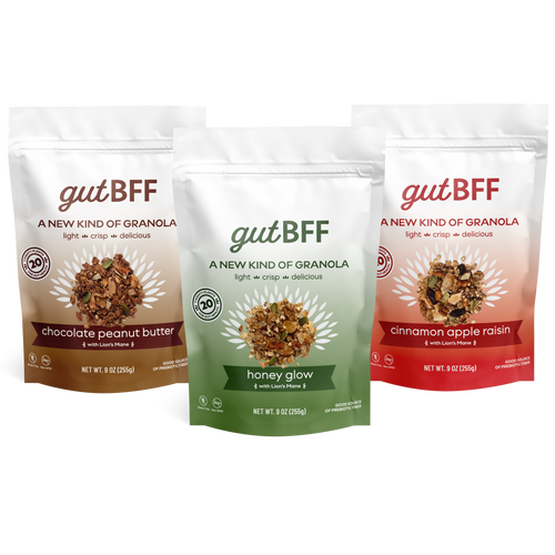 gutBFF prebiotic granola variety pack featuring Honey Glow, Cinnamon Apple Raisin, and Chocolate Peanut Butter flavors.