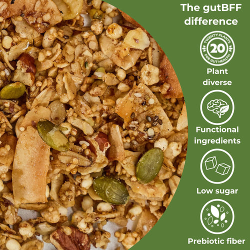 Close-up view of Honey Glow granola clusters showing ancient grains, seeds, nuts, and honey with icons for plant diverse, functional ingredients, low sugar, and prebiotic fiber under the words The gutBFF difference.