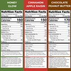 Side by side nutrition facts labels for gutBFF Honey Glow, Cinnamon Apple Raisin, and Chocolate Peanut Butter granolas with detailed calories and ingredients.