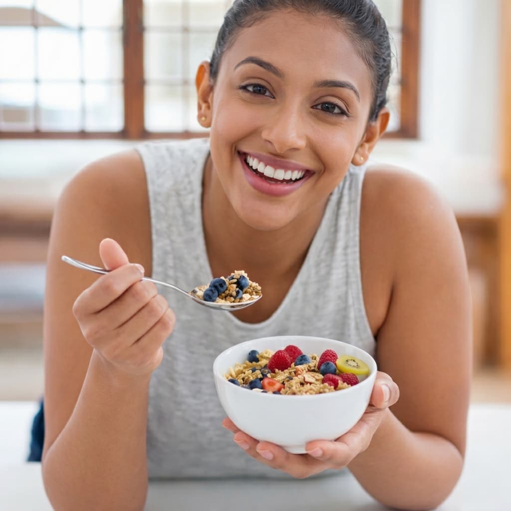 Woman enjoying a bowl of gutBFF with berries inside her home.