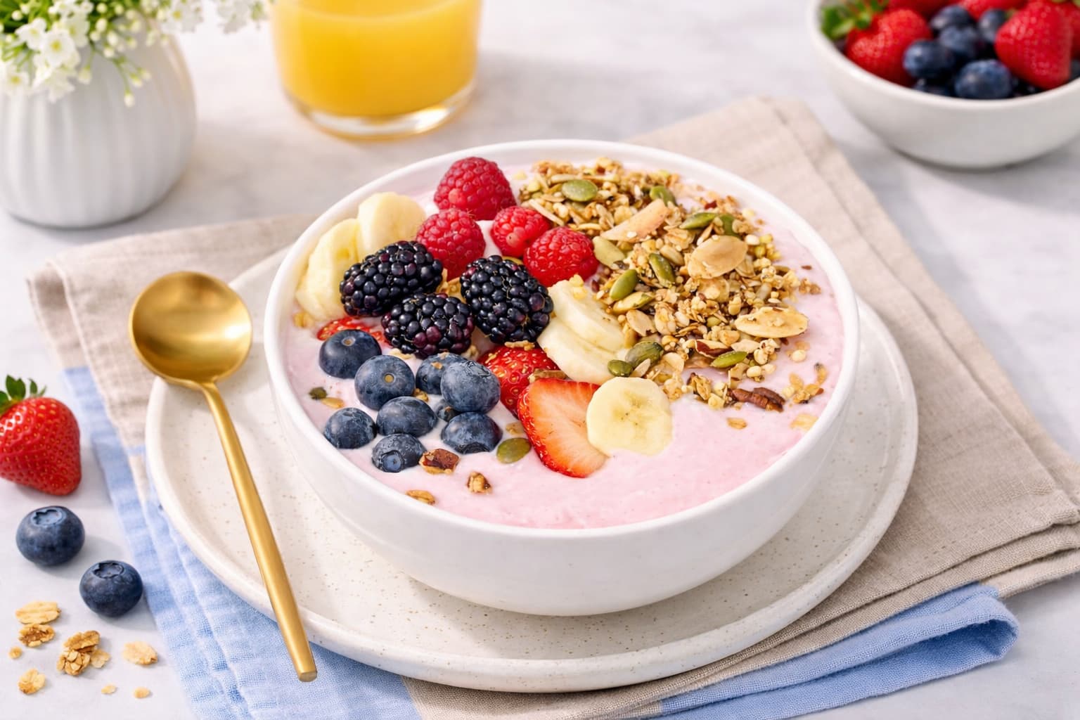 Yogurt bowl with gutBFF Honey Glow granola, berries, and bananas on a white plate with a gold spoon.